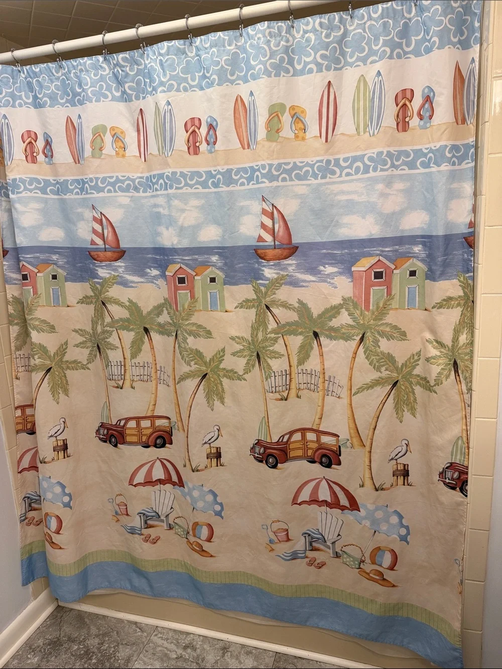 Coastal Beach Print Shower Curtain - Blue, Tan